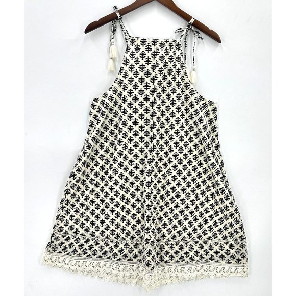 Old Navy Mini Dress Womens Sleeveless Tie Shoulder Ikat Lace Hem Black Cream M - Picture 2 of 11